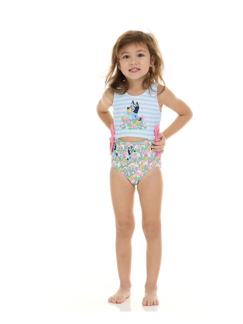 Girls Blue Stripe & Pink Floral Two-Piece Swim Set